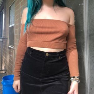 Burnt orange ribbed off the shoulder long crop top